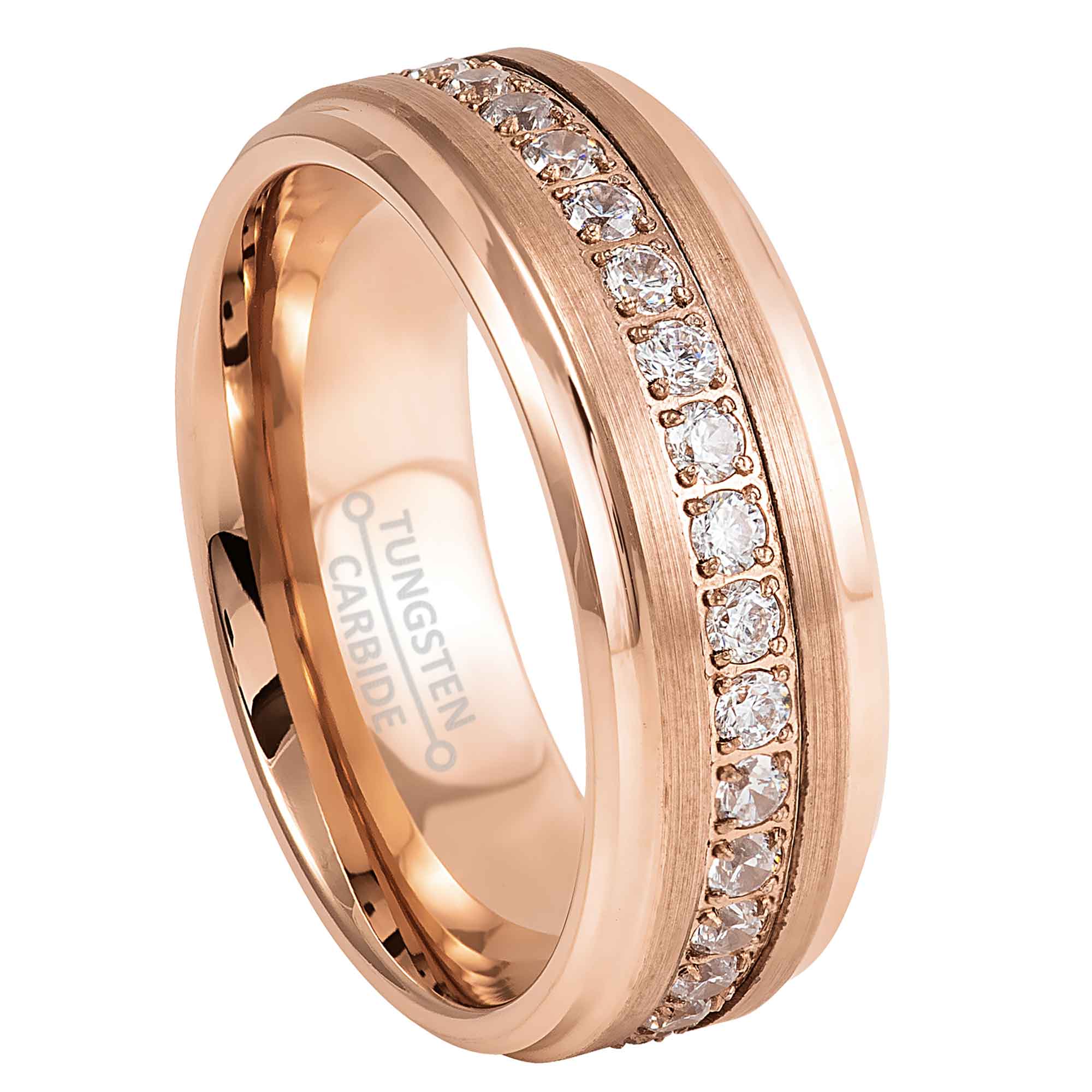 8mm Mens Rose Gold Eternity Tungsten Wedding Band, CZ Stones, Stepped Edge Ring - TN926WAs10